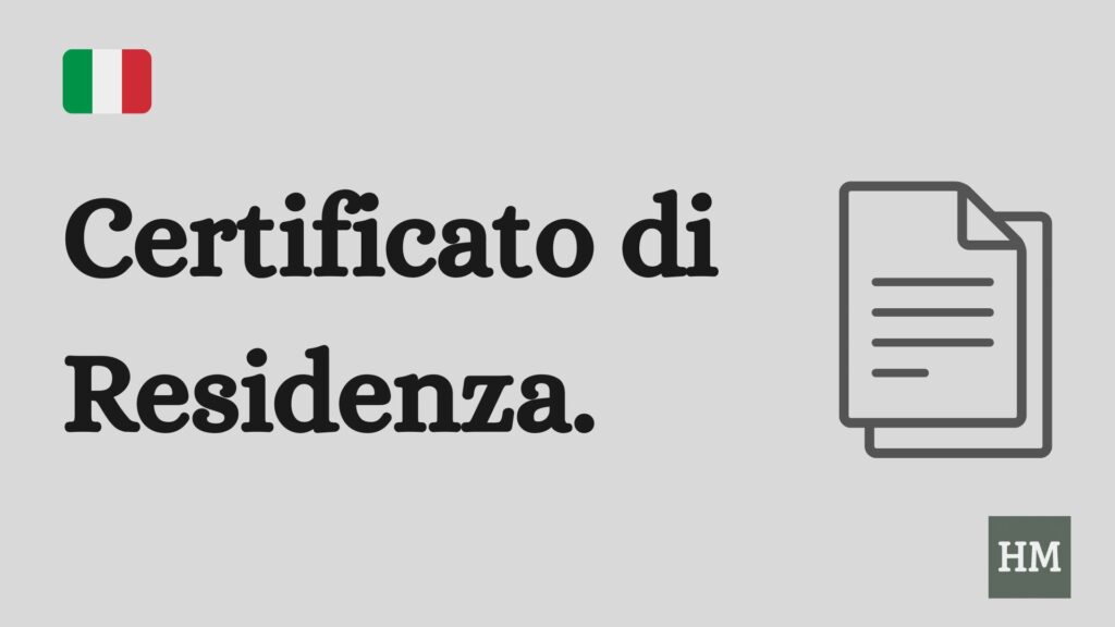Text saying certificato di Residenza with the Italian flag and the hidden Marche logo 