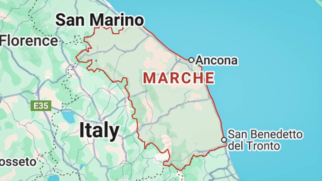 Map of the Italian region of Le Marche with its borders and neighbouring regions