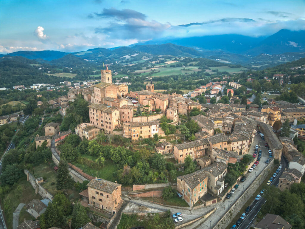 aerial view of a medieval town in le marche, italy