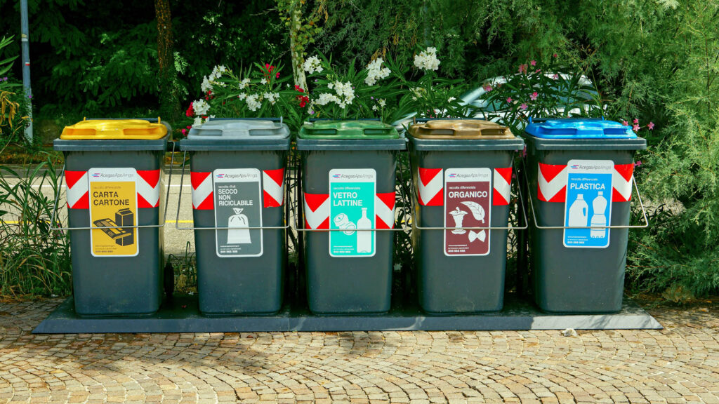 5 recycling Waste bins in a row 